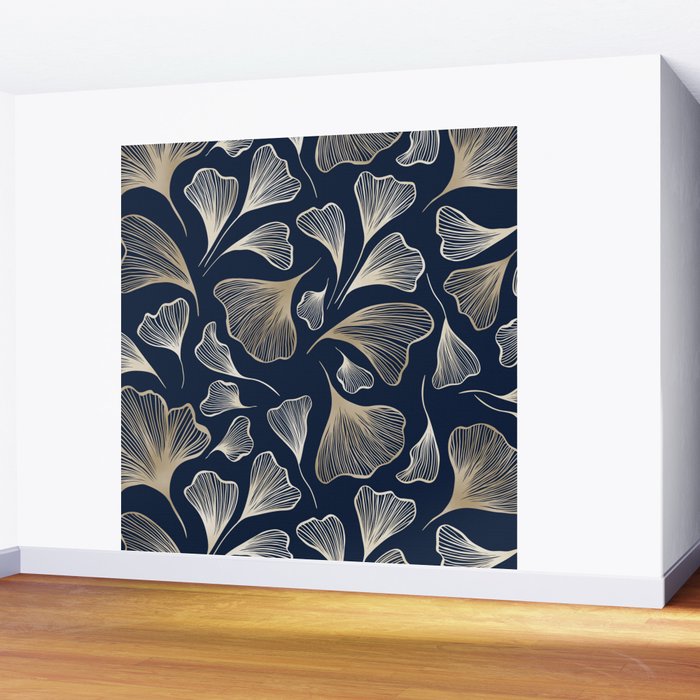 Festive, Gingko Leaves, Floral Prints, Navy Blue Wall Mural Gallery Image 2