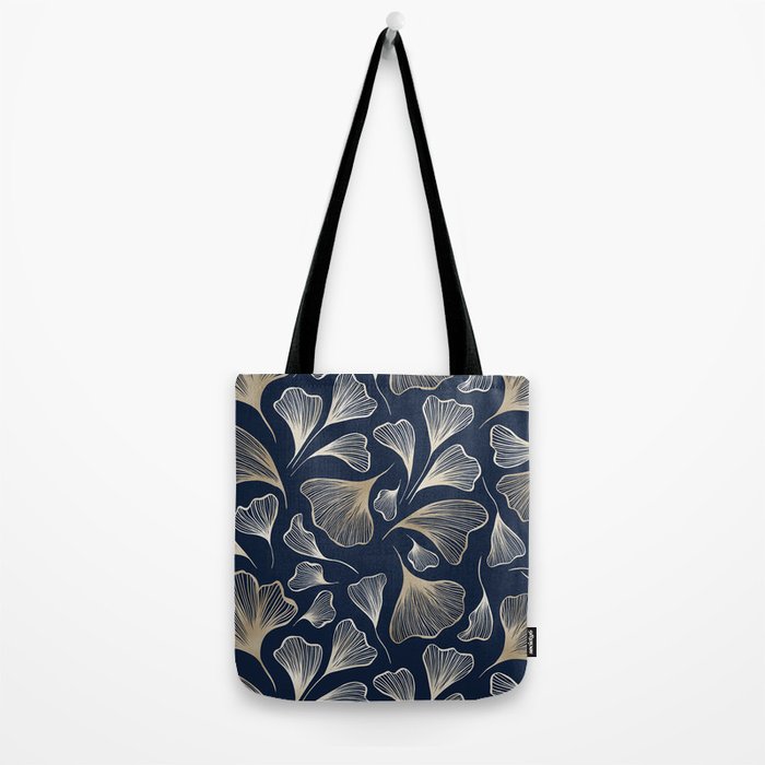 Festive, Gingko Leaves, Floral Prints, Navy Blue Tote Bag Gallery Image 2