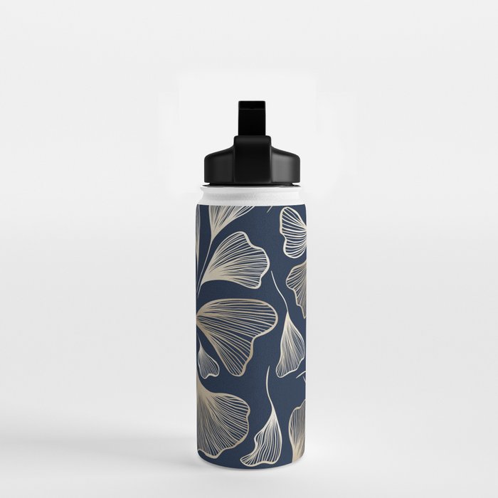 Festive, Gingko Leaves, Floral Prints, Navy Blue Water Bottle Gallery Image 2