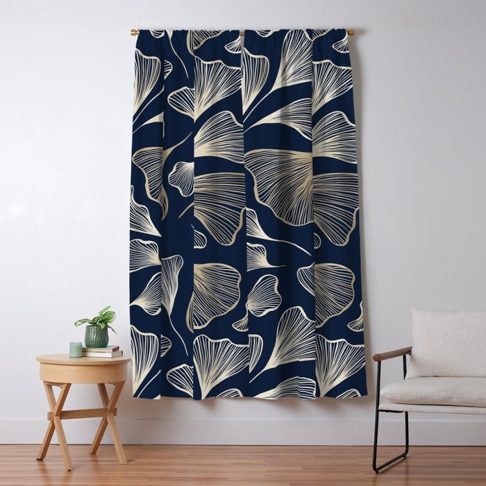 Festive, Gingko Leaves, Floral Prints, Navy Blue Window Curtain Gallery Image 1