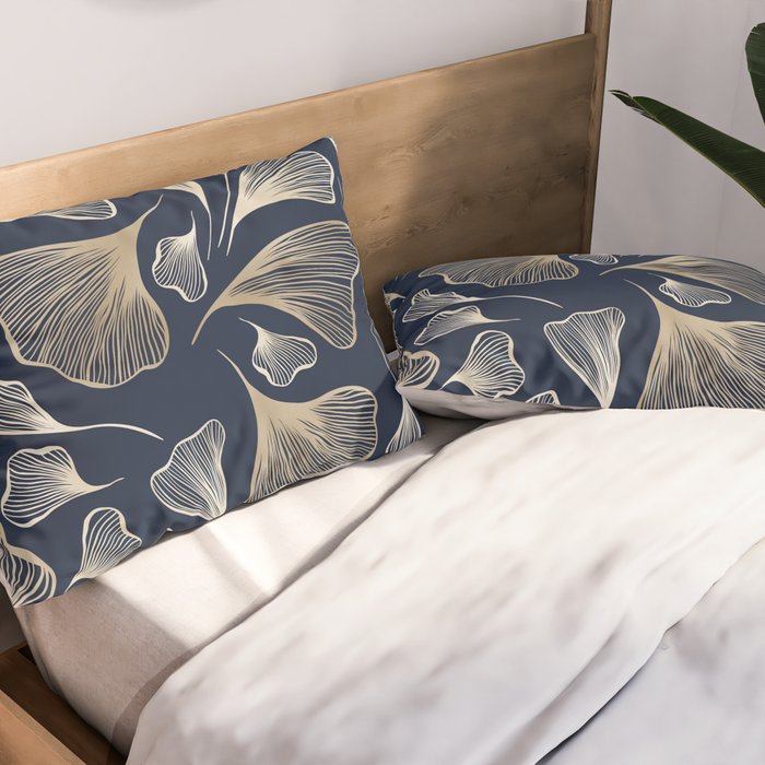 Festive, Gingko Leaves, Floral Prints, Navy Blue Pillow Sham Gallery Image 2