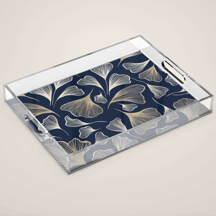 Festive, Gingko Leaves, Floral Prints, Navy Blue Acrylic Tray Gallery Image 1