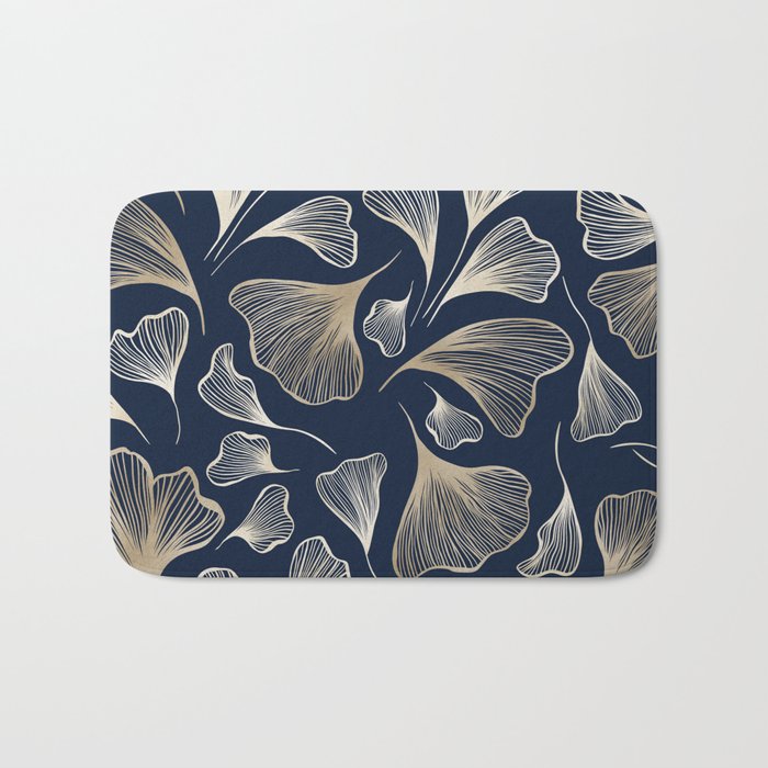 Festive, Gingko Leaves, Floral Prints, Navy Blue Bath Mat Gallery Image 1