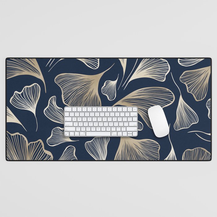 Festive, Gingko Leaves, Floral Prints, Navy Blue Desk Mat Gallery Image 1