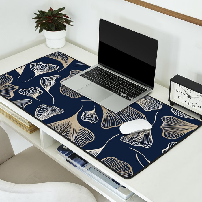 Festive, Gingko Leaves, Floral Prints, Navy Blue Desk Mat Gallery Image 2