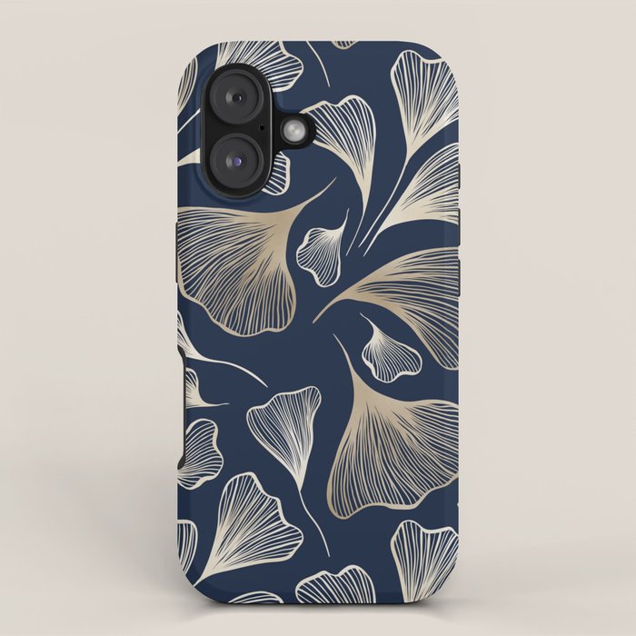 Festive, Gingko Leaves, Floral Prints, Navy Blue iPhone Case Gallery Image 1