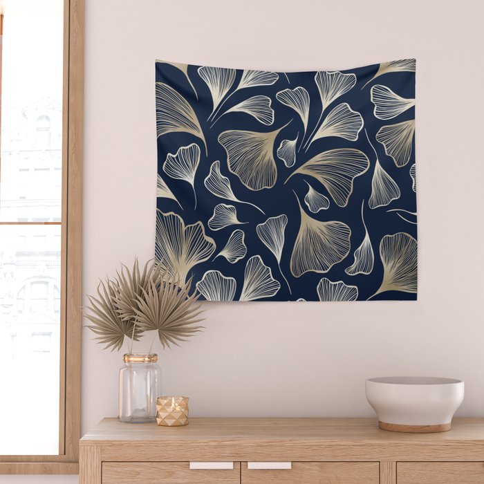 Festive, Gingko Leaves, Floral Prints, Navy Blue Wall Tapestry Gallery Image 2