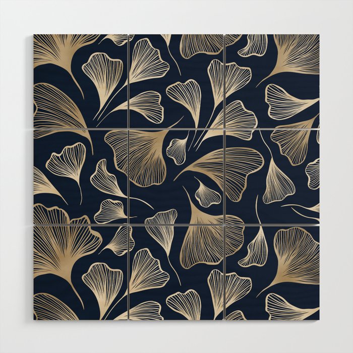 Festive, Gingko Leaves, Floral Prints, Navy Blue Wood Wall Art Gallery Image 1