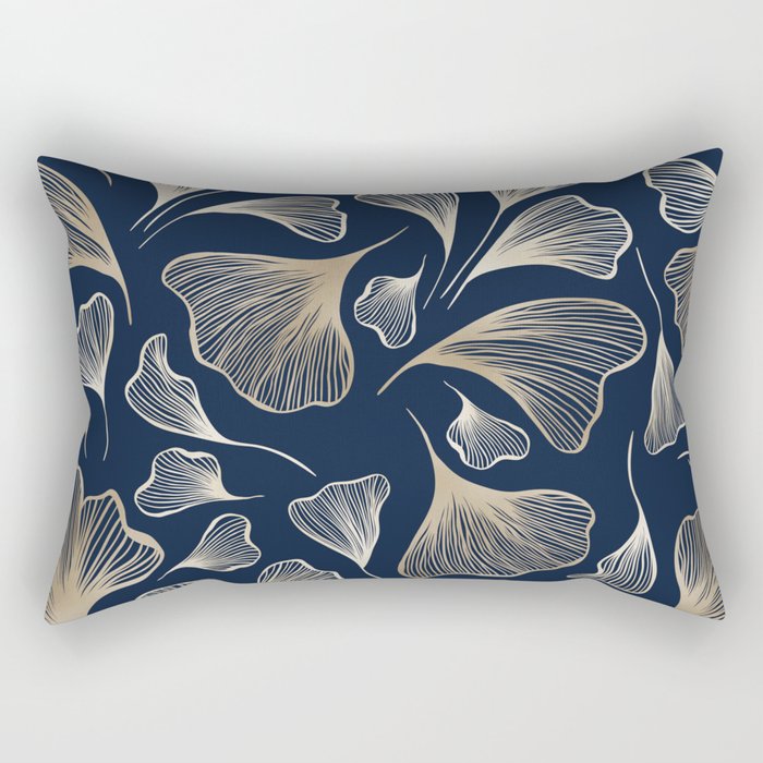 Festive, Gingko Leaves, Floral Prints, Navy Blue Rectangular Pillow Gallery Image 1