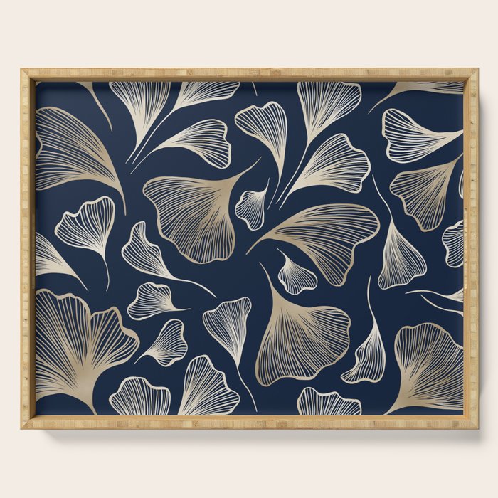 Festive, Gingko Leaves, Floral Prints, Navy Blue Serving Tray Gallery Image 1