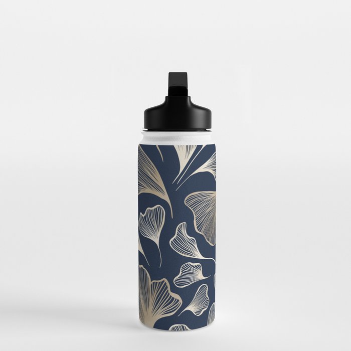 Festive, Gingko Leaves, Floral Prints, Navy Blue Water Bottle Gallery Image 3