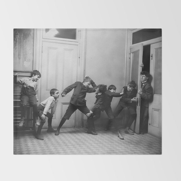 Boys will be boys funny school boys rough housing black and white vintage photograph by Fitz Guerin Throw Blanket Gallery Image 2