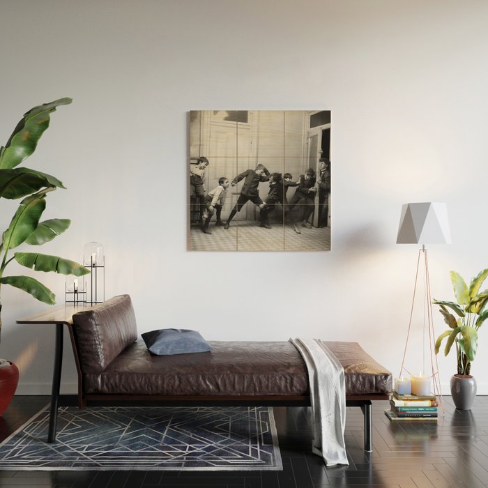 Boys will be boys funny school boys rough housing black and white vintage photograph by Fitz Guerin Wood Wall Art Gallery Image 2