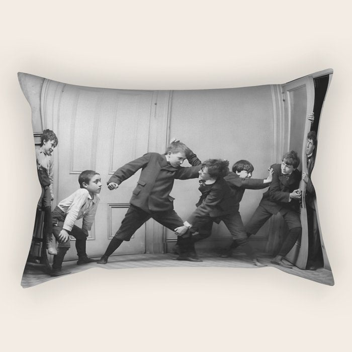 Boys will be boys funny school boys rough housing black and white vintage photograph by Fitz Guerin Rectangular Pillow Gallery Image 2