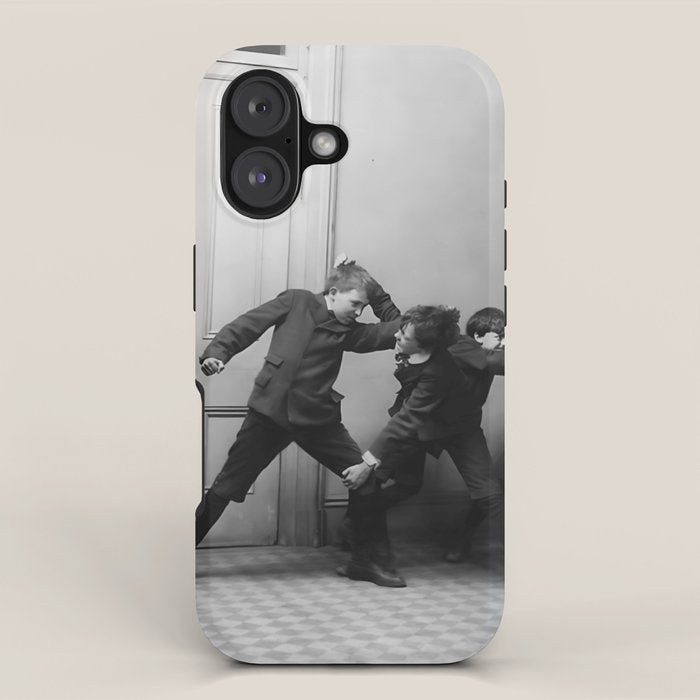 Boys will be boys funny school boys rough housing black and white vintage photograph by Fitz Guerin iPhone Case Gallery Image 1