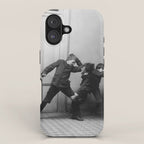 Boys will be boys funny school boys rough housing black and white vintage photograph by Fitz Guerin iPhone Case Gallery Image 1