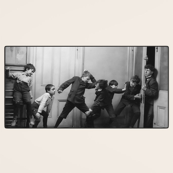 Boys will be boys funny school boys rough housing black and white vintage photograph by Fitz Guerin Desk Mat Gallery Image 3
