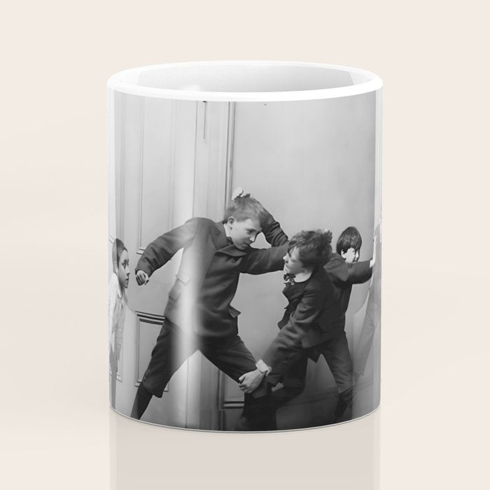 Boys will be boys funny school boys rough housing black and white vintage photograph by Fitz Guerin Coffee Mug Gallery Image 4