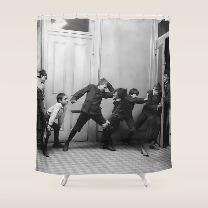 Boys will be boys funny school boys rough housing black and white vintage photograph by Fitz Guerin Shower Curtain Gallery Image 1
