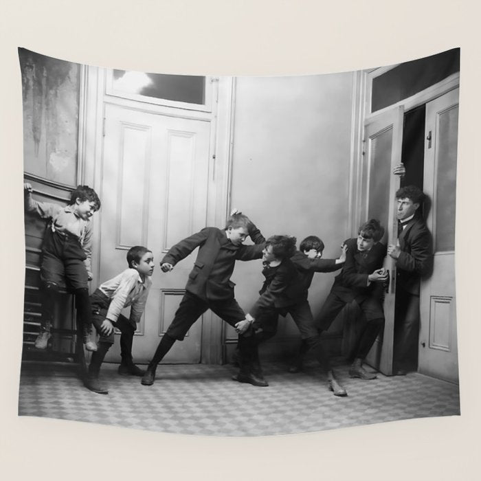 Boys will be boys funny school boys rough housing black and white vintage photograph by Fitz Guerin Wall Tapestry Gallery Image 4