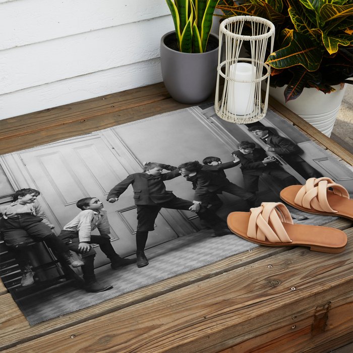 Boys will be boys funny school boys rough housing black and white vintage photograph by Fitz Guerin Outdoor Rug Gallery Image 2