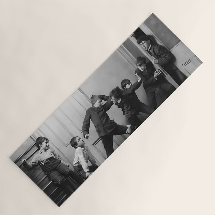 Boys will be boys funny school boys rough housing black and white vintage photograph by Fitz Guerin Yoga Mat Gallery Image 1