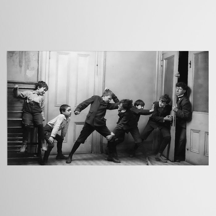 Boys will be boys funny school boys rough housing black and white vintage photograph by Fitz Guerin Tablecloth Gallery Image 2