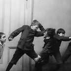 Boys will be boys funny school boys rough housing black and white vintage photograph by Fitz Guerin Coffee Mug Gallery Image 2