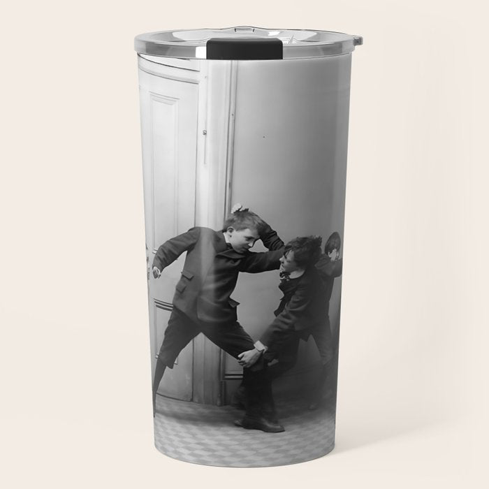 Boys will be boys funny school boys rough housing black and white vintage photograph by Fitz Guerin Travel Mug Gallery Image 1