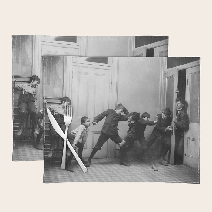 Boys will be boys funny school boys rough housing black and white vintage photograph by Fitz Guerin Placemat Gallery Image 1