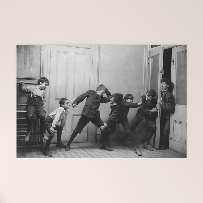 Boys will be boys funny school boys rough housing black and white vintage photograph by Fitz Guerin Welcome Mat Gallery Image 1
