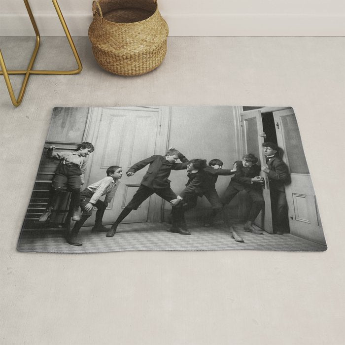 Boys will be boys funny school boys rough housing black and white vintage photograph by Fitz Guerin Rug Gallery Image 1
