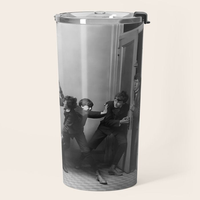 Boys will be boys funny school boys rough housing black and white vintage photograph by Fitz Guerin Travel Mug Gallery Image 2