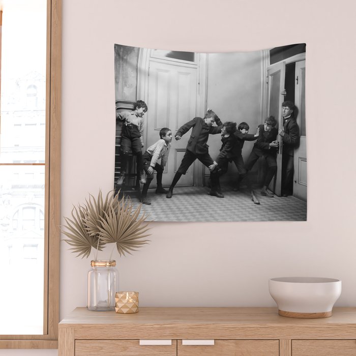 Boys will be boys funny school boys rough housing black and white vintage photograph by Fitz Guerin Wall Tapestry Gallery Image 2