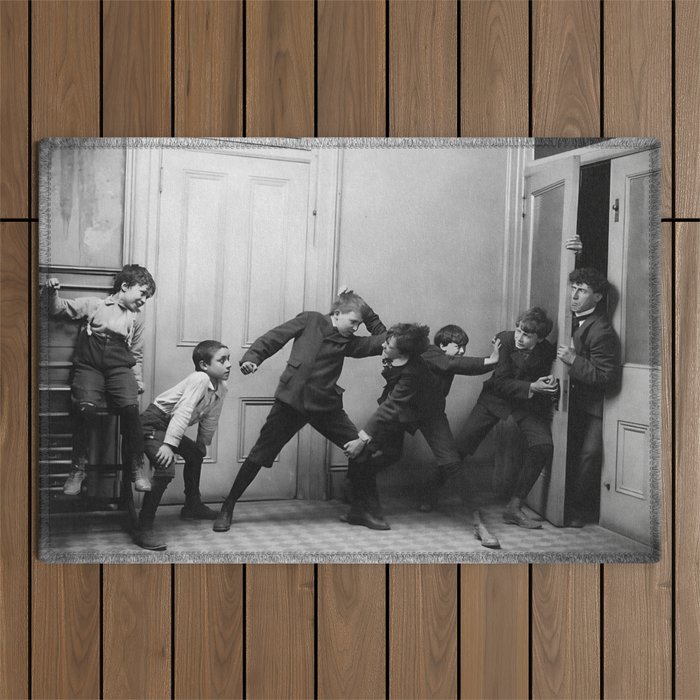Boys will be boys funny school boys rough housing black and white vintage photograph by Fitz Guerin Outdoor Rug Gallery Image 1