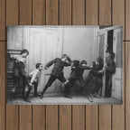 Boys will be boys funny school boys rough housing black and white vintage photograph by Fitz Guerin Outdoor Rug Gallery Image 1