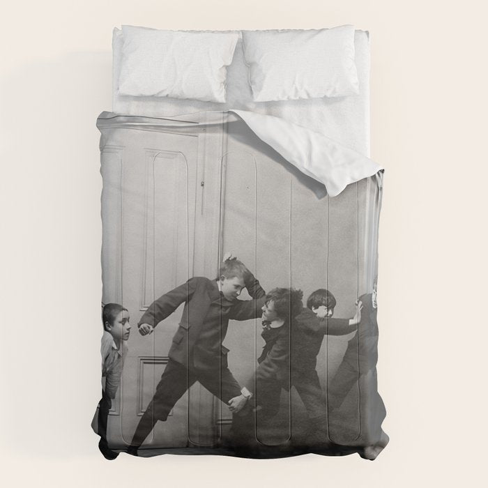 Boys will be boys funny school boys rough housing black and white vintage photograph by Fitz Guerin Comforter Gallery Image 1