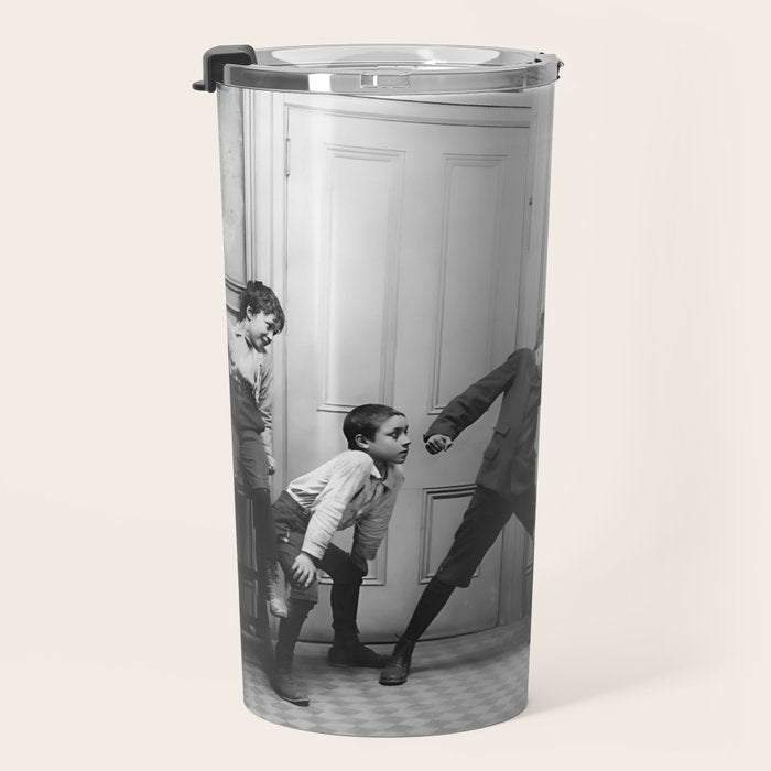 Boys will be boys funny school boys rough housing black and white vintage photograph by Fitz Guerin Travel Mug Gallery Image 3