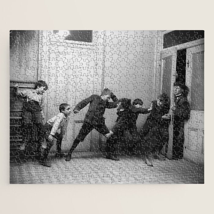 Boys will be boys funny school boys rough housing black and white vintage photograph by Fitz Guerin Jigsaw Puzzle Gallery Image 1