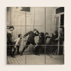 Boys will be boys funny school boys rough housing black and white vintage photograph by Fitz Guerin Wood Wall Art Gallery Image 1