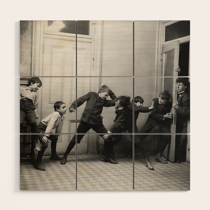 Boys will be boys funny school boys rough housing black and white vintage photograph by Fitz Guerin Wood Wall Art Gallery Image 1