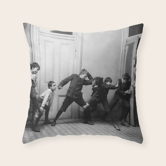 Boys will be boys funny school boys rough housing black and white vintage photograph by Fitz Guerin Throw Pillow Gallery Image 6