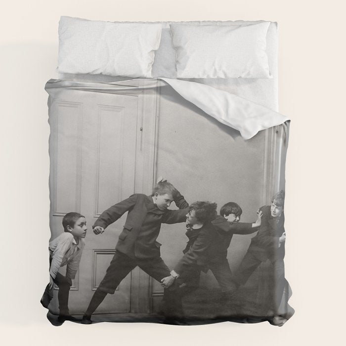 Boys will be boys funny school boys rough housing black and white vintage photograph by Fitz Guerin Duvet Cover Gallery Image 2