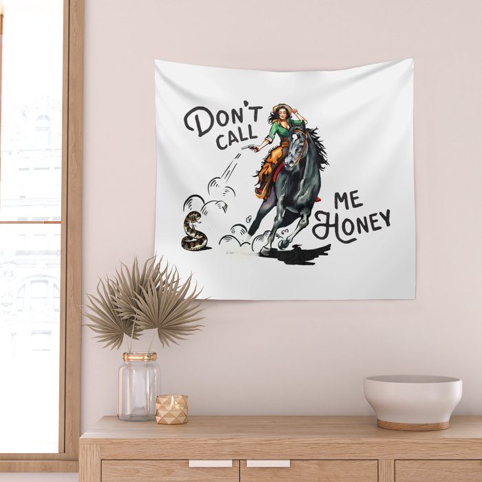 "Don't Call Me Honey" Cowgirl On Horseback Shooting a Rattlesnake Wall Tapestry Gallery Image 2
