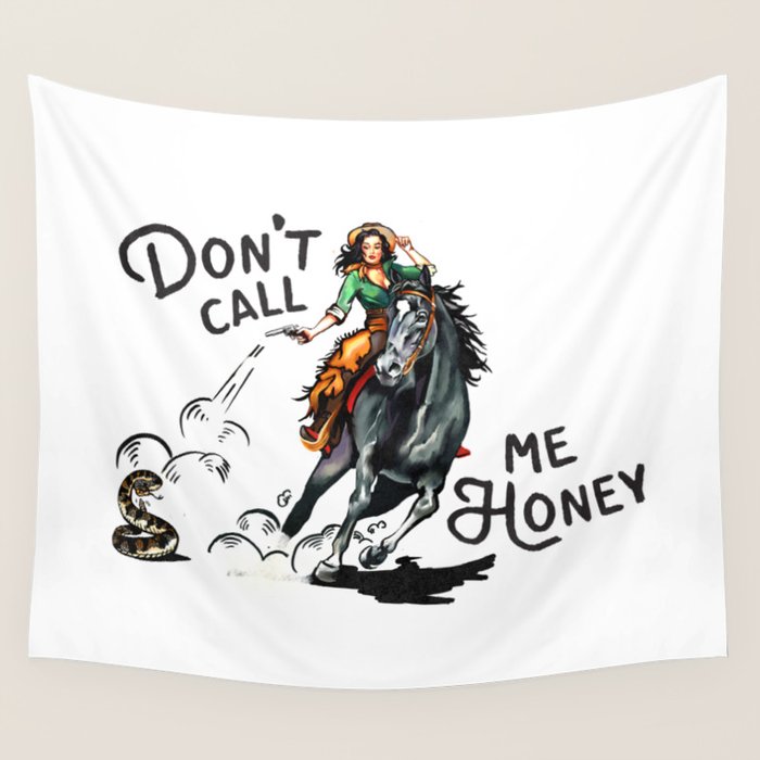 "Don't Call Me Honey" Cowgirl On Horseback Shooting a Rattlesnake Wall Tapestry Gallery Image 4