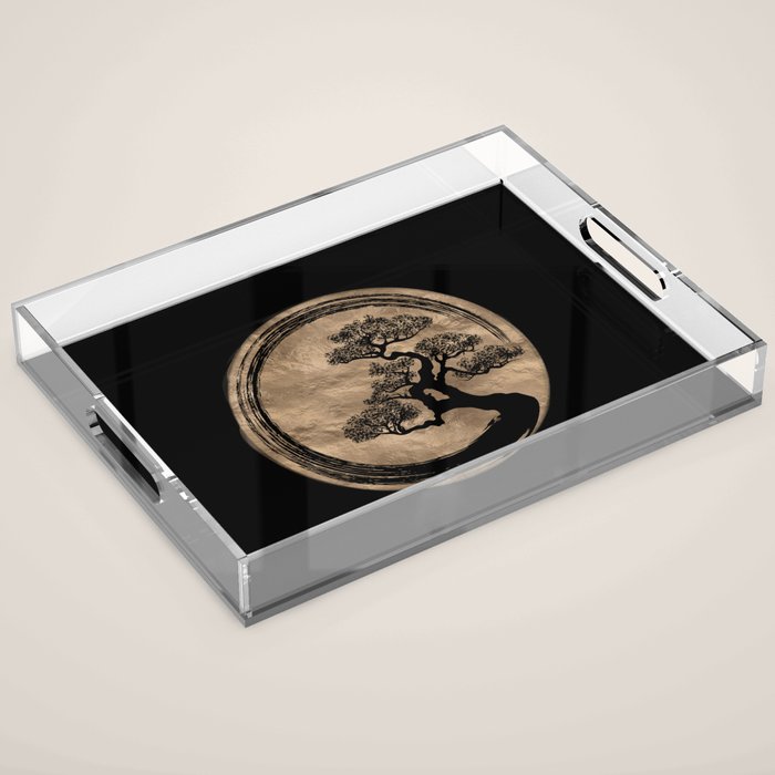 Enso Zen Circle and Bonsai Tree Gold Acrylic Tray Gallery Image 1