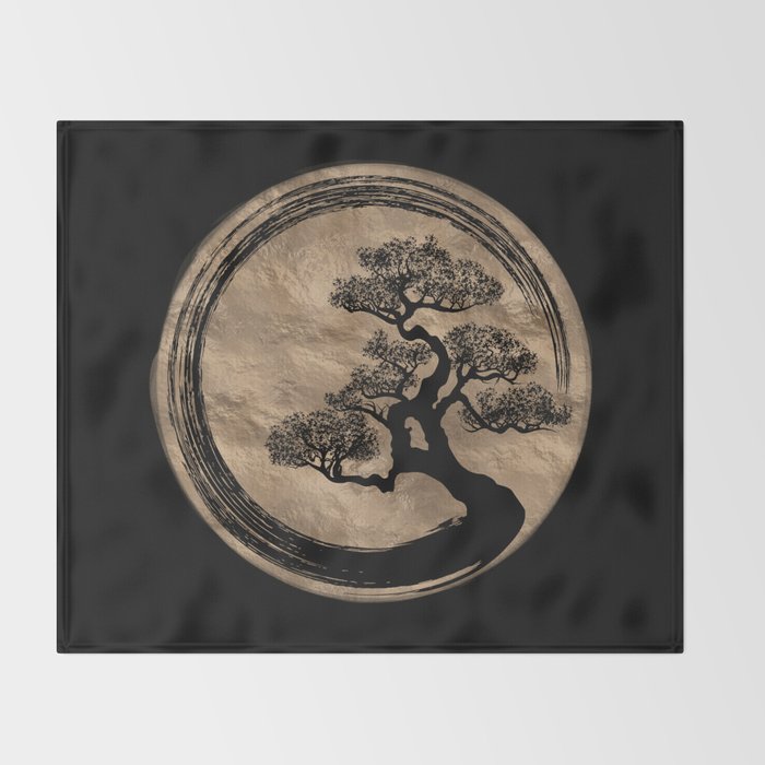Enso Zen Circle and Bonsai Tree Gold Throw Blanket Gallery Image 2