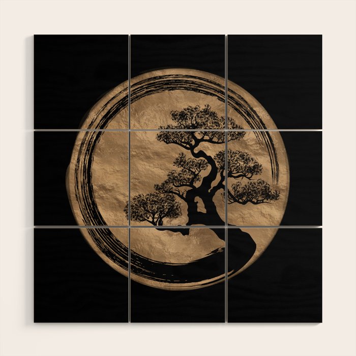 Enso Zen Circle and Bonsai Tree Gold Wood Wall Art Gallery Image 1