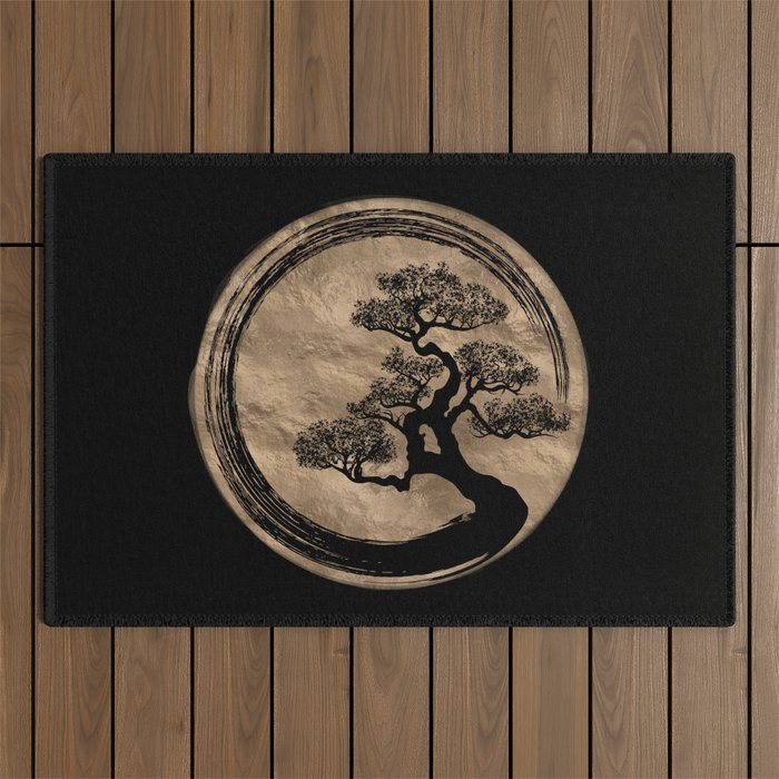 Enso Zen Circle and Bonsai Tree Gold Outdoor Rug Gallery Image 1