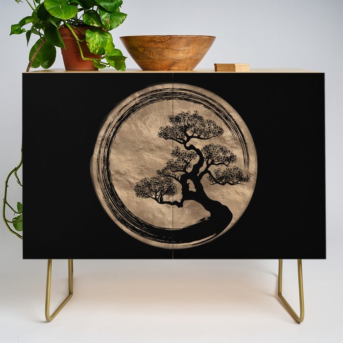 Enso Zen Circle and Bonsai Tree Gold Credenza Gallery Image 1